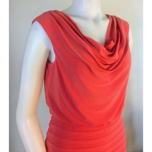 Adrianna Papell Sheath Dress 6 Coral Sleeveless Shutter Pleat Blouson Cowl Neck - Picture 3 of 9